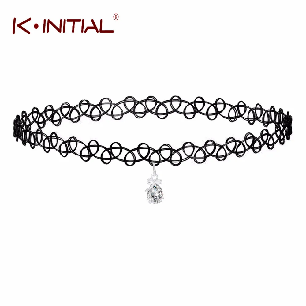 Модный черный кружевной чокер Kinitial белый кристалл подвеска в виде капли воды