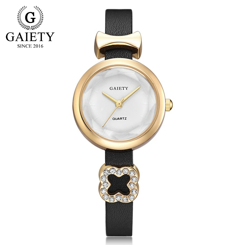 Gaiety Брендовые женские роскошные часы черные кожаные модные наручные кварцевые