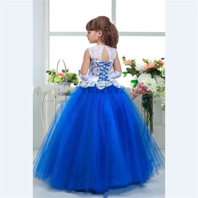 Цветок Девочки Платья Бальное платье Белого Кружева и Синий Тюль Аппликация