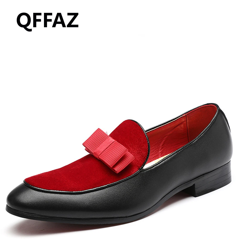 Мужские замшевые мокасины QFFAZ черные туфли из лакированной кожи с бантом на
