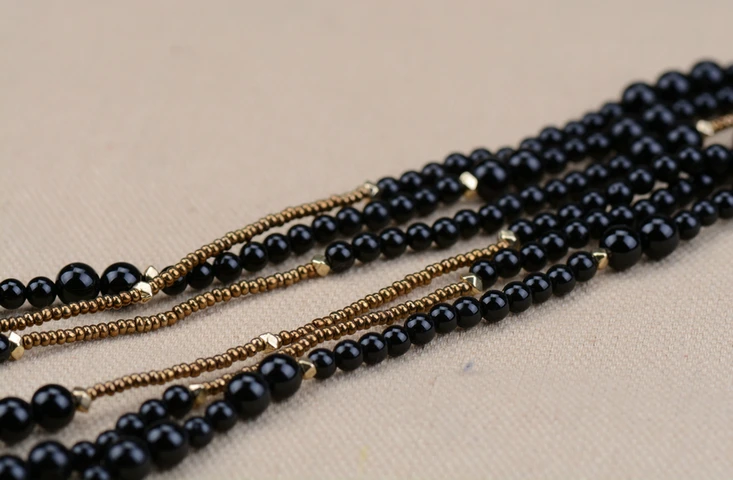 Boho Black Onyx with Seed Beads 3 Layers Beaded Necklaces Classic Natural Stones Women Statement Necklace Vintage Jewelry | Украшения и
