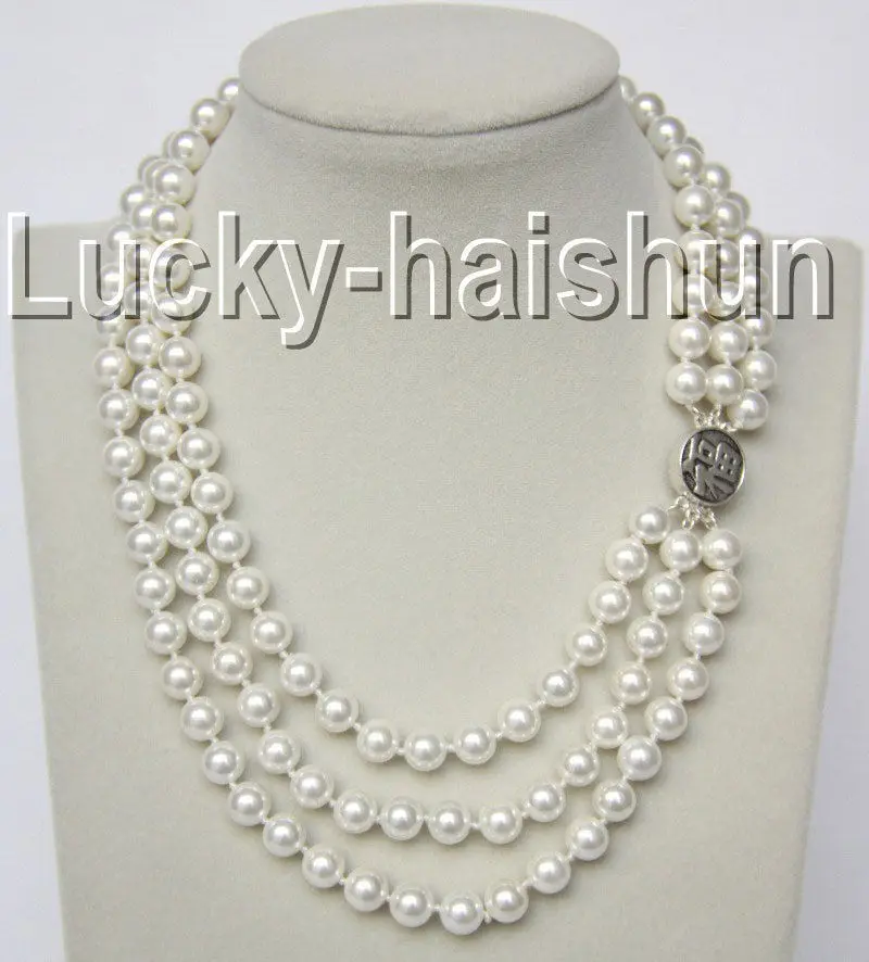 

16" 3row 8mm round white south sea shell pearls necklace 925 silver clasp j9283
