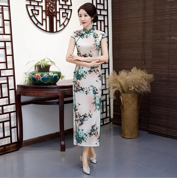 Высокая мода Мандарин Воротник шелк атлас с новогодней елкой, бумажный принт Qipao элегантный цветок сексуальное длинное платье плюс SZ M-4XL - Цвет: 18141