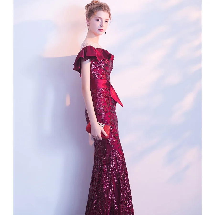 Ceewhy Бургундия оборками Выпускные платья Robe De Soiree блестками вечернее платье