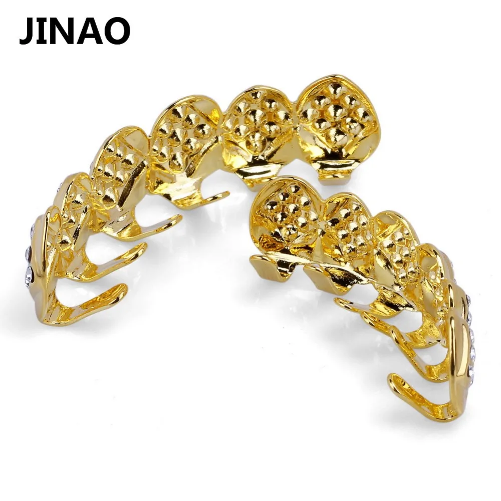 JINAO Custom Fit позолоченный цвет Iced Out Кристалл Топ и нижние зубы Grillz с силиконовым подарок на Рождество Хэллоуин