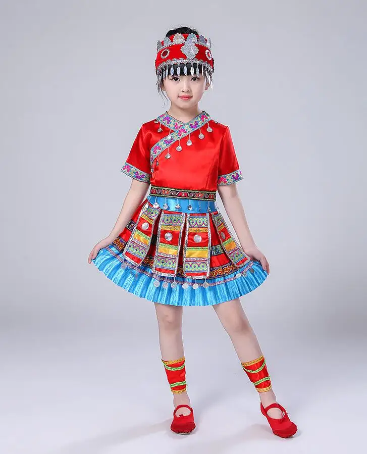 Красный Детская одежда красного цвета Hmong летний детский костюм для сценических выступлений костюмы бальные костюмы для девочек Китайская народная танцевальная одежда костюмы - Цвет: Красный