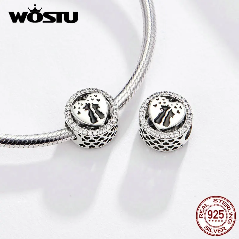 WOSTU романтические бусины для влюбленных кошек, сердец, 925 пробы, серебро, CZ, очаровательные, подходят под DIY браслет, подвеска, ювелирные изделия дружбы, FIC1188