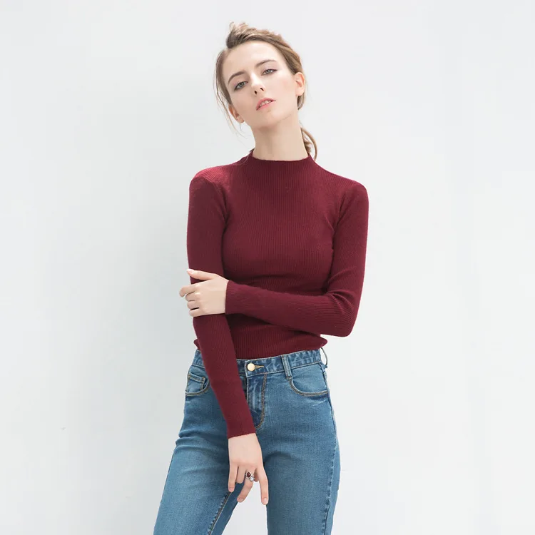 Новый 2016 Осень Зима свитер Женщин высокие упругие Твердые Водолазка Женская
