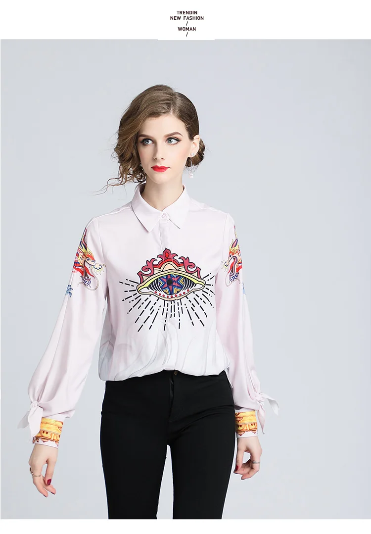 2019 Women Autumn Casual Cartoon Shirts Eyes Vintage Printing Long Sleeve Turn Down Collar Slim Elegant Blouse Top Female |