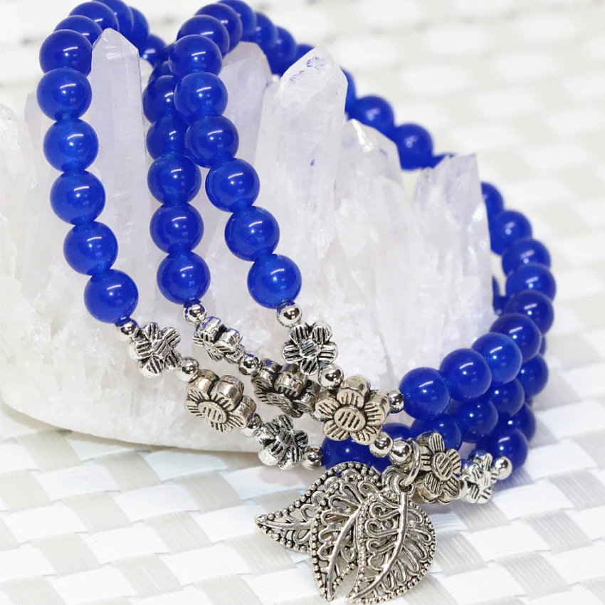 Original multilayer bracelet for women high quality natural blue round jades stone chalcedony 6mm beads jewelry making B2223 | Украшения и