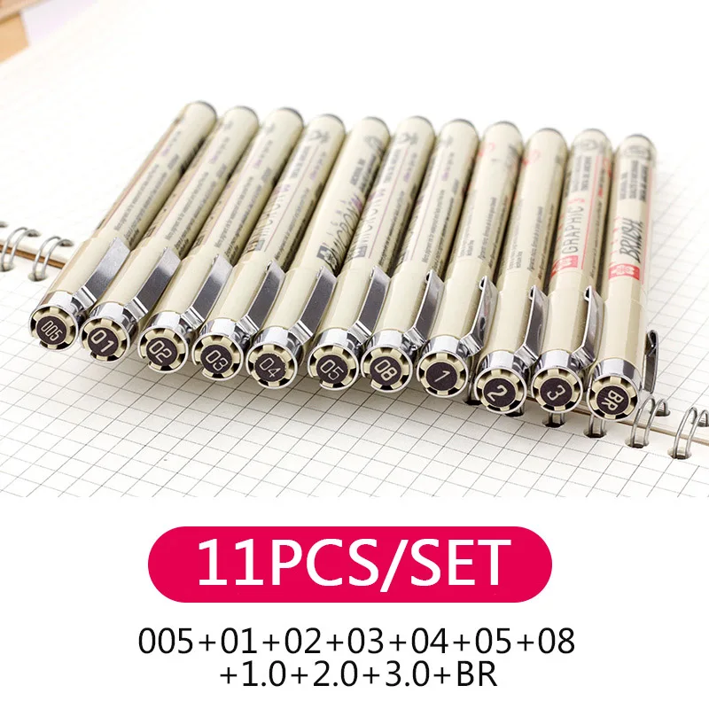11pcs Маркеры Pigma Микрон ручка игла мягкая кисть рисунок водостойкая живопись ручка 005 01 02 03 04 05 08 1,0 кисть художественные маркеры - Цвет: 11pcs