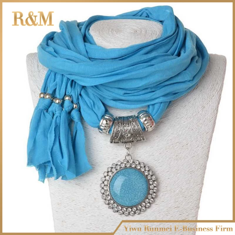 Long scarves pendant necklace women Oval shaped charm with big glass stones 5 color available round precious stone scarf |