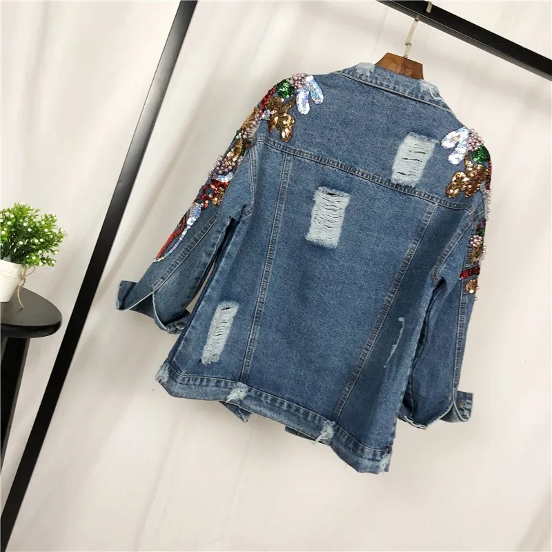 Spring Autumn Casual Denim Jacket Women Embroidery Floral Beading Pearl Sequin Patch Epaulet Ripped Hole Bomber Jeans coat NZY27 | Женская