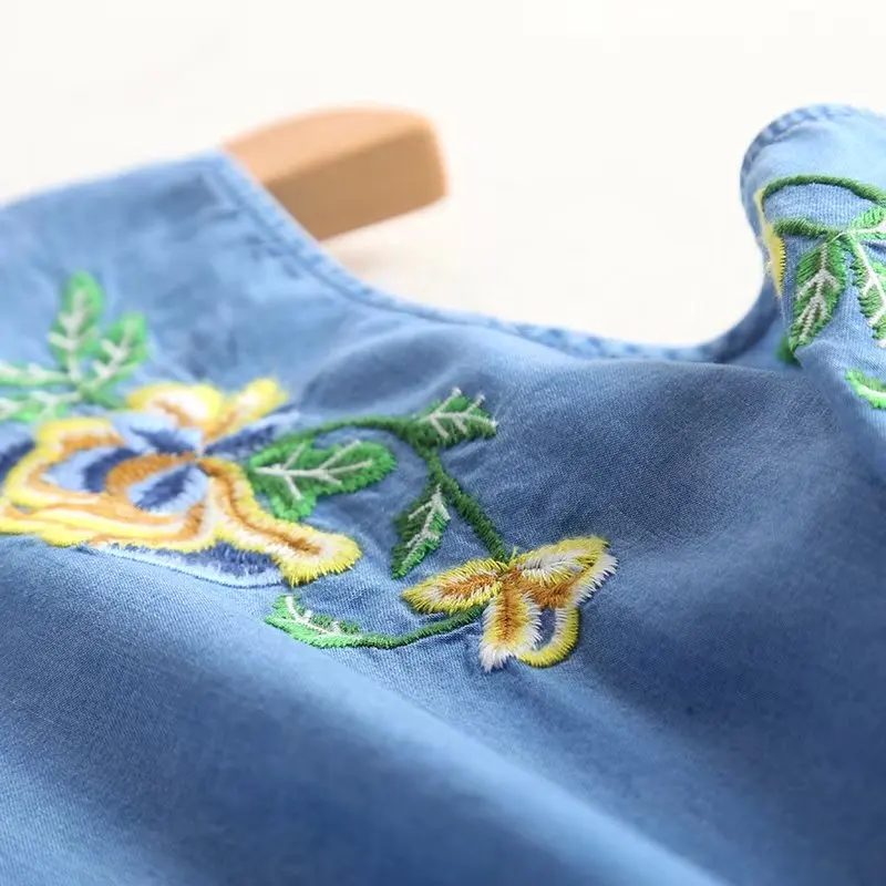 Летнее женское джинсовое платье из Tencel с открытыми плечами, круглый вырез, короткий рукав, вышитый светильник, синее мягкое джинсовое платье, хлопковое Повседневное платье