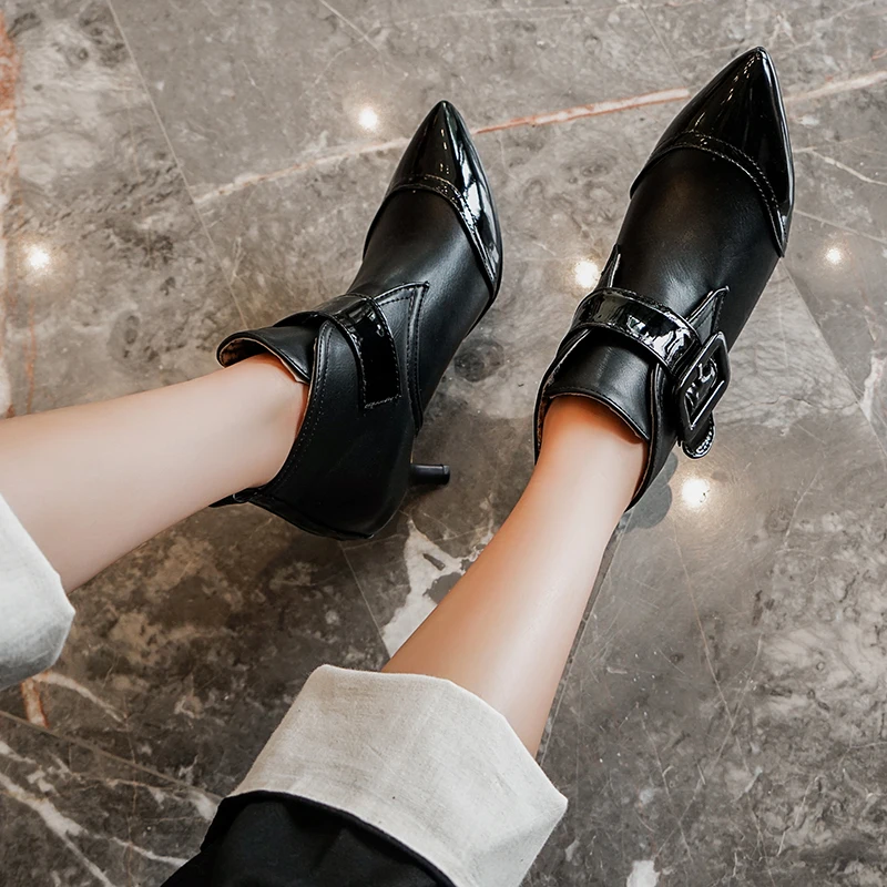 QUTAA Patent Leather Mixed Color Buckle Strap Women Shoes Autumn Winter Sexy Thin Heel Pointed Toe Ankle Boots Size 34-43