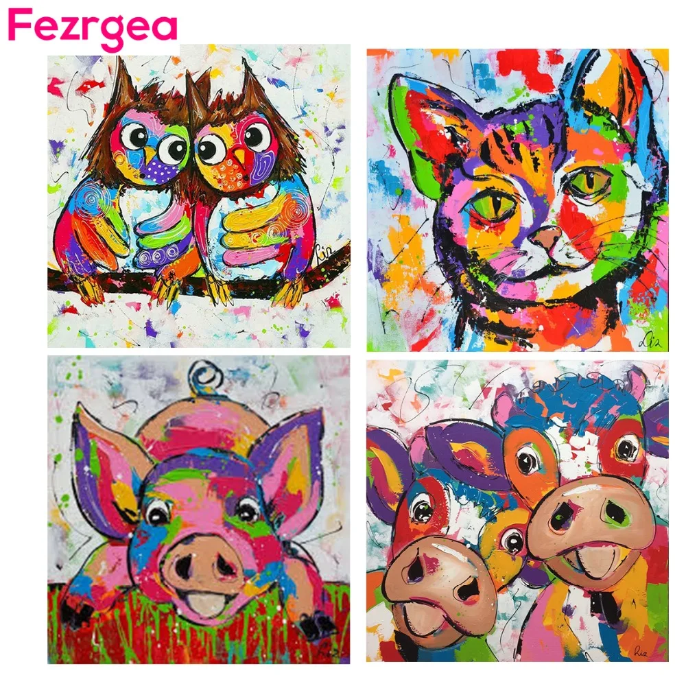 

Fezrgea 5D DIY Diamond Painting Owl Cat Bossy Bull Full Drill Square Rhinestone Cross Stitch Cartoon Diamant Painting Home Decor