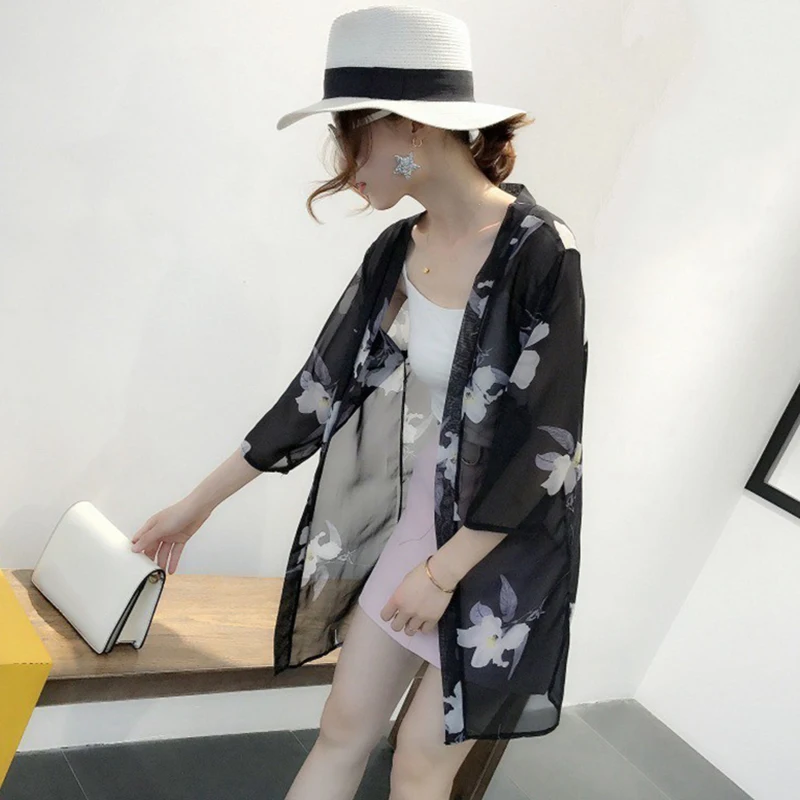 Защита от солнца Тонкий пляжный открытый Свободный Повседневный Кардиган шифон