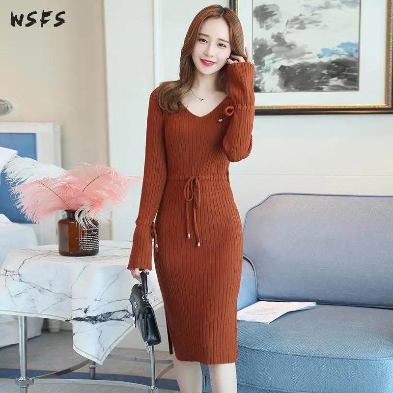 Autumn Winter Sweater Dress Black Coffee Red White Long Flare Sleeve Womens Dresses Bodycon Sexy Ladies Wrap Midi Pencil | Женская