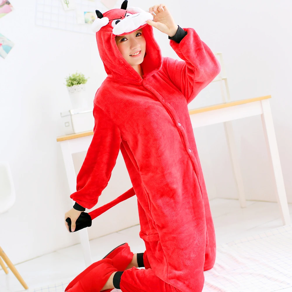 Cartoon Animal Red cow Plush Unisex Flannel Hooded Pajamas For Women Men Girls party Costume |