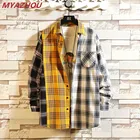 Рубашка мужская с длинным рукавом, Повседневная Свободная блуза в клетку, в стиле хип-хоп, с цветными блоками, черный желтый белый цвет, 4XL, весна