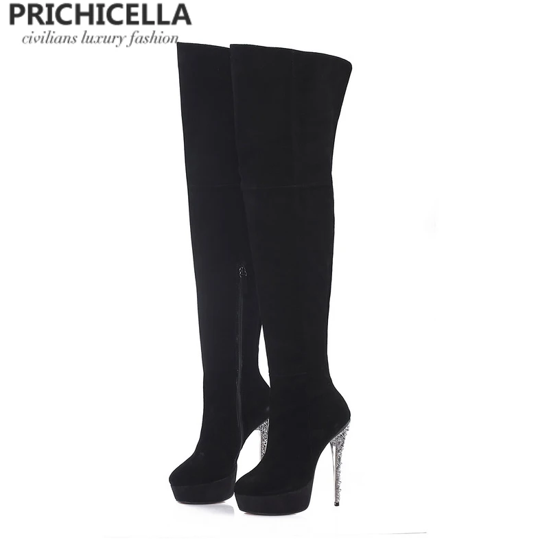 

PRICHICELLA black suede glitter stiletto heel platform thigh high boots genuine leather long boots size34-42
