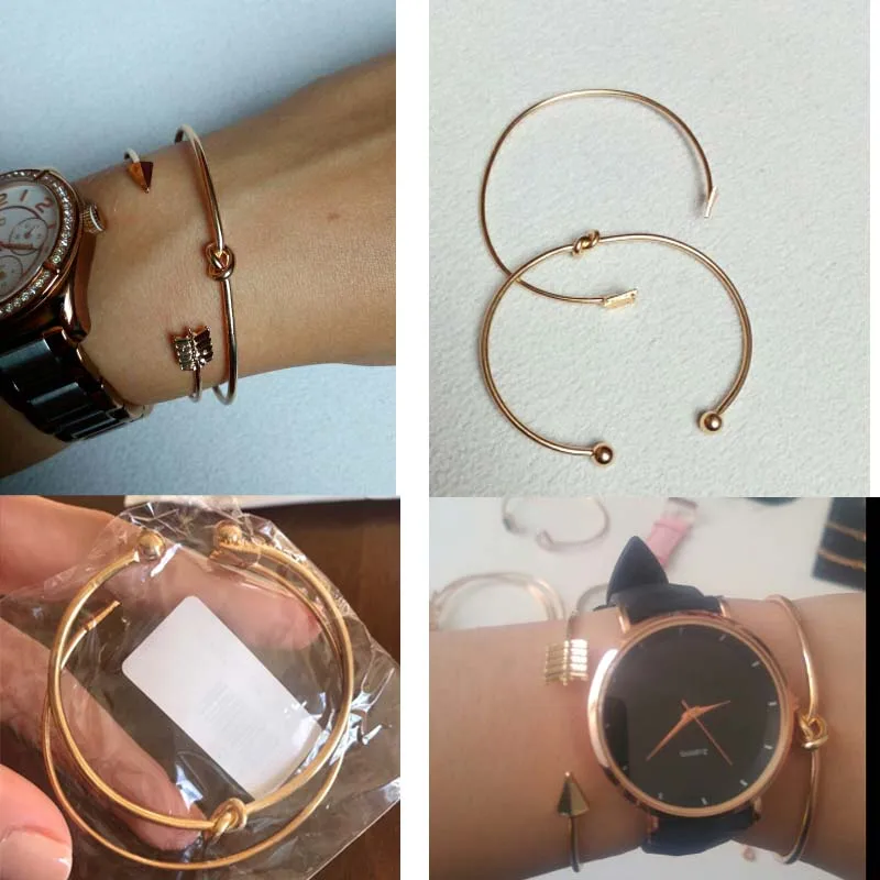 

2Pcs/Set Vintage Cuff Bracelet Bangles for Women Simple Gold Color Open Arrow Knotted Charm Bracelet Femme Valentines Gift