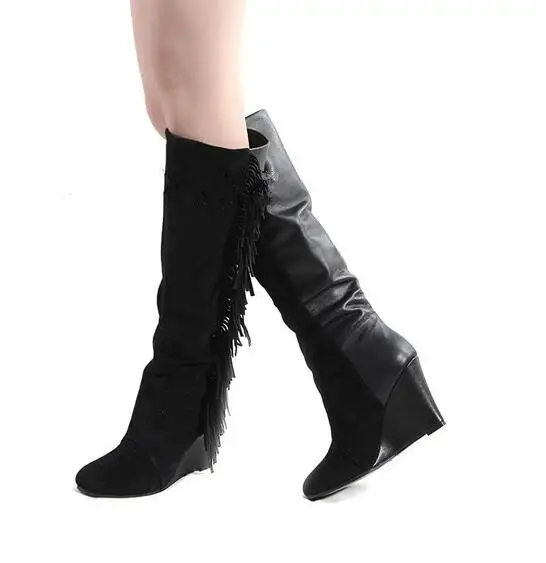 Sapato feminino; сапоги до бедра на платформе; женская обувь на танкетке с бахромой; кожаные сапоги чулки; женская обувь выше колена - Цвет: as picture