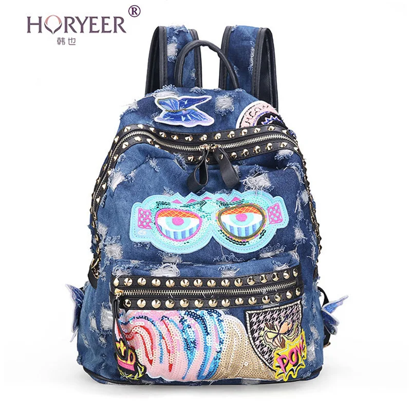 HORYEER kanken backpack women shoulder bag denim school for teenager girls jeans rivet backpacks vintage blue rucksack | Багаж и сумки