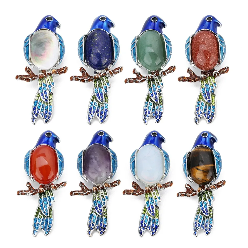 

New Lovely Animal Parrot Brooches Women 68x32mm Natural Tiger Eye Stone Cabochons Pins Badges Brooch Party Jewelry Accessories