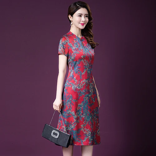 Платье женское шелковое улучшенное в китайском стиле с длинным рукавом и