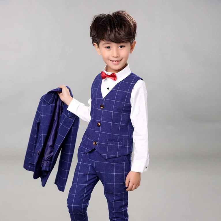 

4pcs Boys Suits for Weddings Cotton Plaid Blazer+Vest+Pants+Shirt Kids Clothing Sets Children Formal Suit
