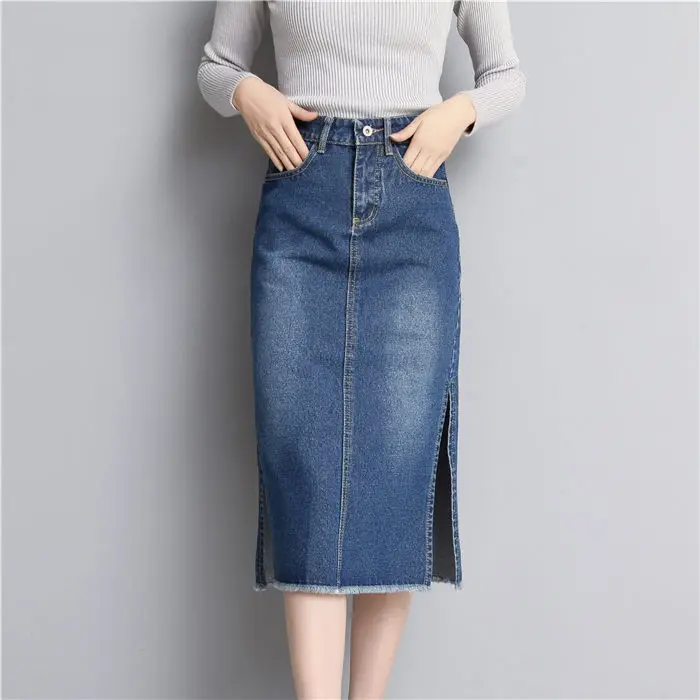 simple jeans skirts Весенняя летняя юбка джинсовая корейская мода Большой размер ретро леди джинсы Midi юбка с высокой талией тонкая сплит-Юбка Для Женщин Saia f592 - Цвет: simple jeans skirts