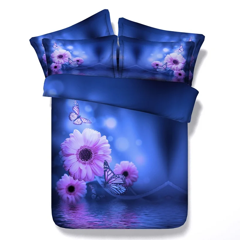 

3D Blue floral Bedding set Daisy Flower duvet cover sets bedspread bed sheet linen Cal king queen size twin double bedset 4PCS