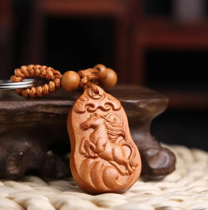 

Chinese Peach Wood Carved Word Safe And Auspicious Word Twelve Zodiac Animals Horse Exquisite Car Key Chain Pendant