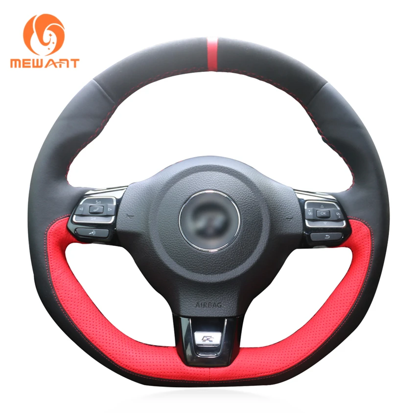 Чехол на руль MEWANT из черной замши и натуральной кожи для Volkswagen VW Golf 6 (VI) GTI Polo (R-Line)