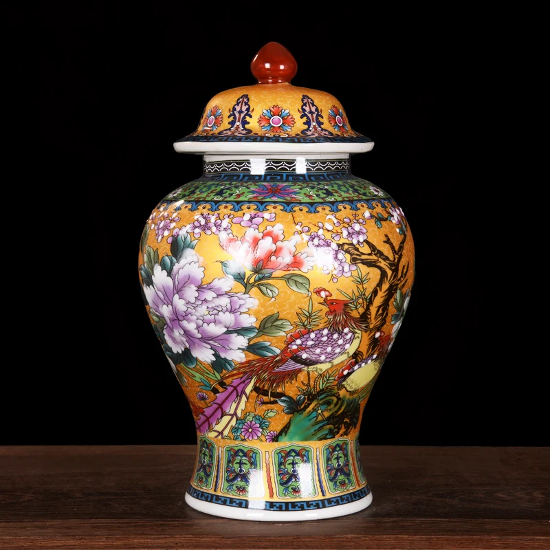 Antique Royal Golden Pheasant Ceramic Cloisonne Enamel General Tank Vase Fortune Hat-covered Ginger Jars Ornament Creative Gift