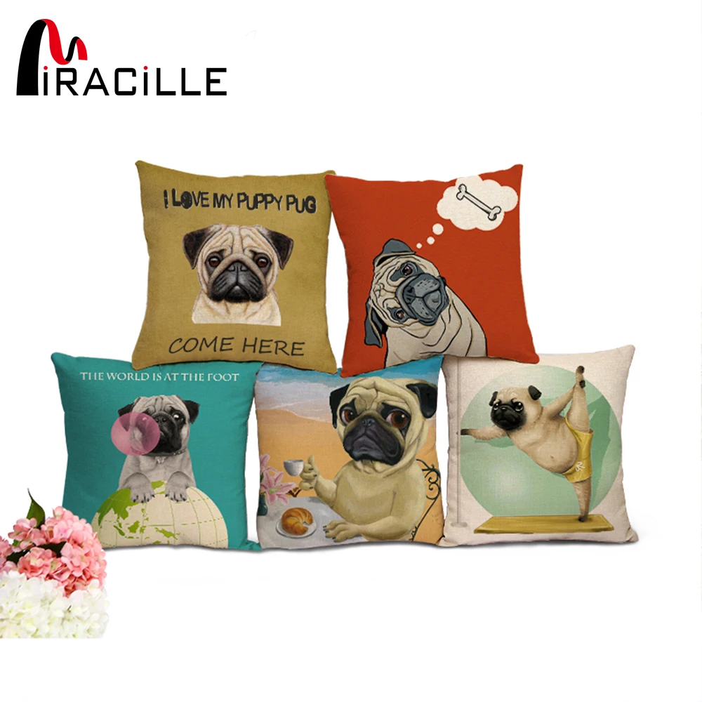 Подушки для спальни Miracille с рисунком мопса хлопковые льняные дешевые