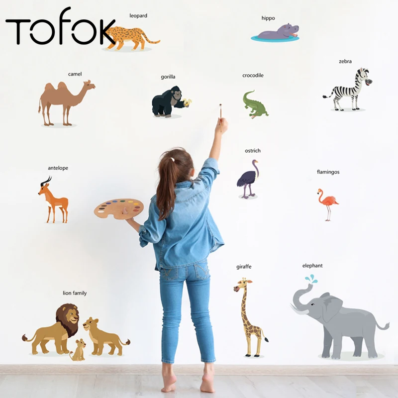 Tofok мультфильм Животные английский изучение слов наклейки на стену для детей комнаты для детского сада, дошкольные поделки ПВХ настенные наклейки домашний декор