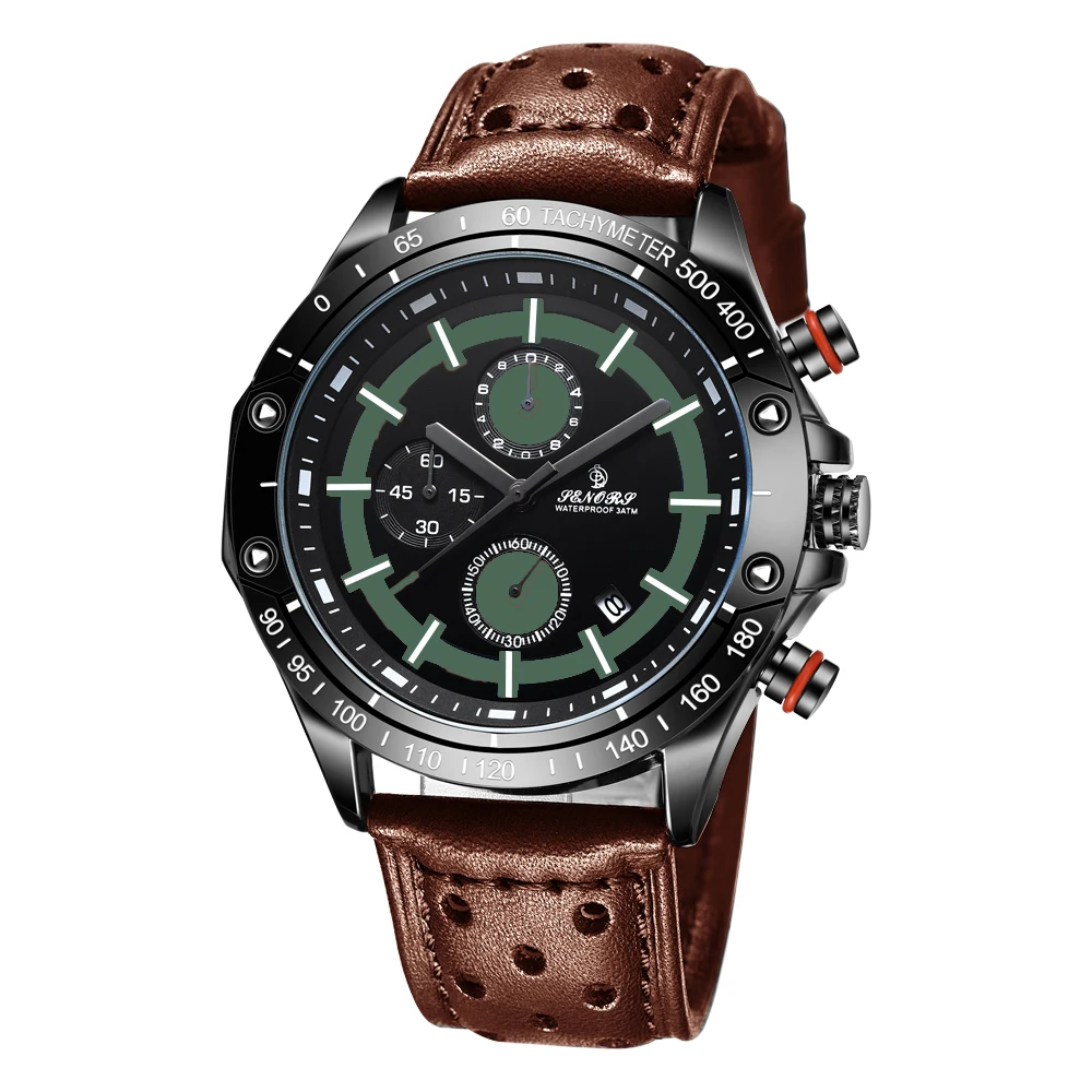 

SENORS Brown Leather Green Dial Chronograph Quartz Mens Watches Stainless Steel Back Water Resistant Man Male Wristwatch