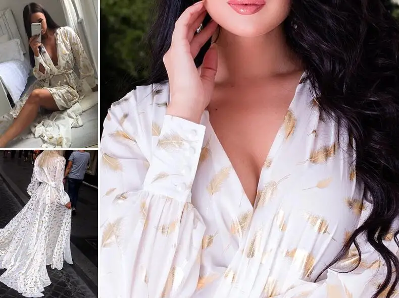 JOYIN вечерние с принтом золотых перьев длинным рукавом разрезом Роба сексуальное