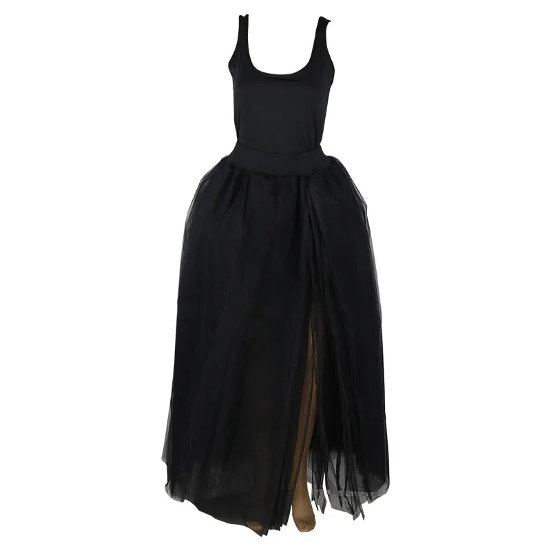 European and American Fashion Women Dress Suits Two Piece Crop Top Set Black Gauze Longuette | Женская одежда