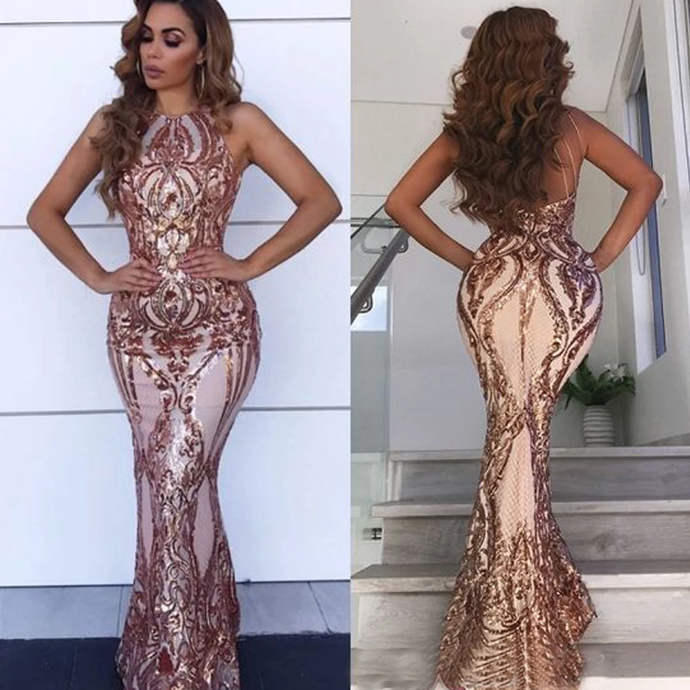 pink prom dresses 2019 crew neckline sequins sparkly mermaid floor length evening vestidos de fiesta | Свадьбы и торжества