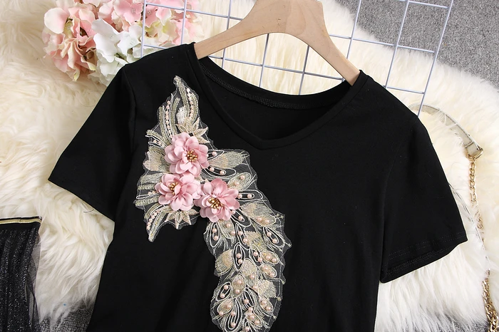 ALPHALMODA, модные футболки с цветочной аппликацией+ юбка до середины икры с цветочным рисунком, женские летние аккуратные модные комплекты с тяжелой юбкой