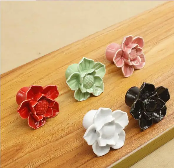 

Colorful Flowers Pulls Knob Ceramic Knob Lotus Cupboard Handles Pink Green White Black Children's Cartoon Handle Knob YH1662
