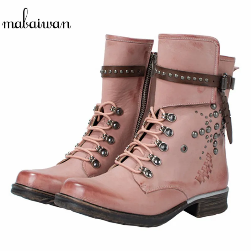 comprar Mabaiwan Moda Rebites Sapatos De Inverno Das Mulheres Tornozelo Botas De Neve De Couro Genuíno Curto Botas Militares Rendas Até Sapatos Mulheres Apartamentos