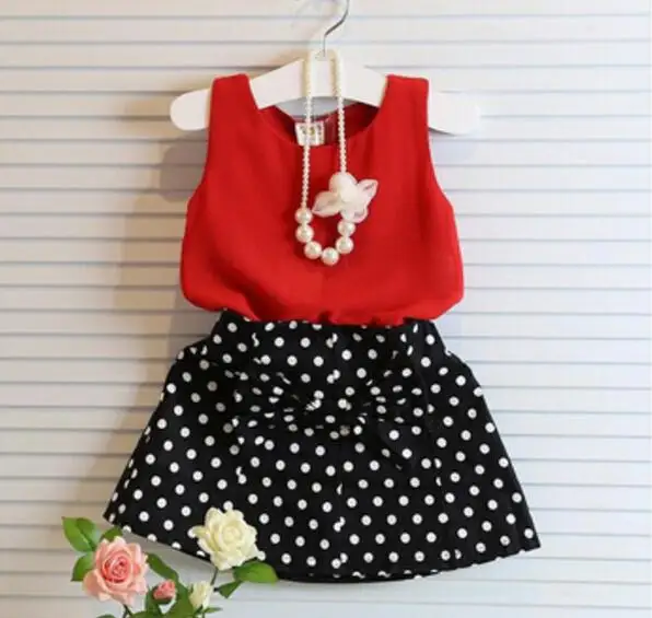 2016 летняя одежда для девочек точка бант девочки комплект Шифоновая безрукавка и