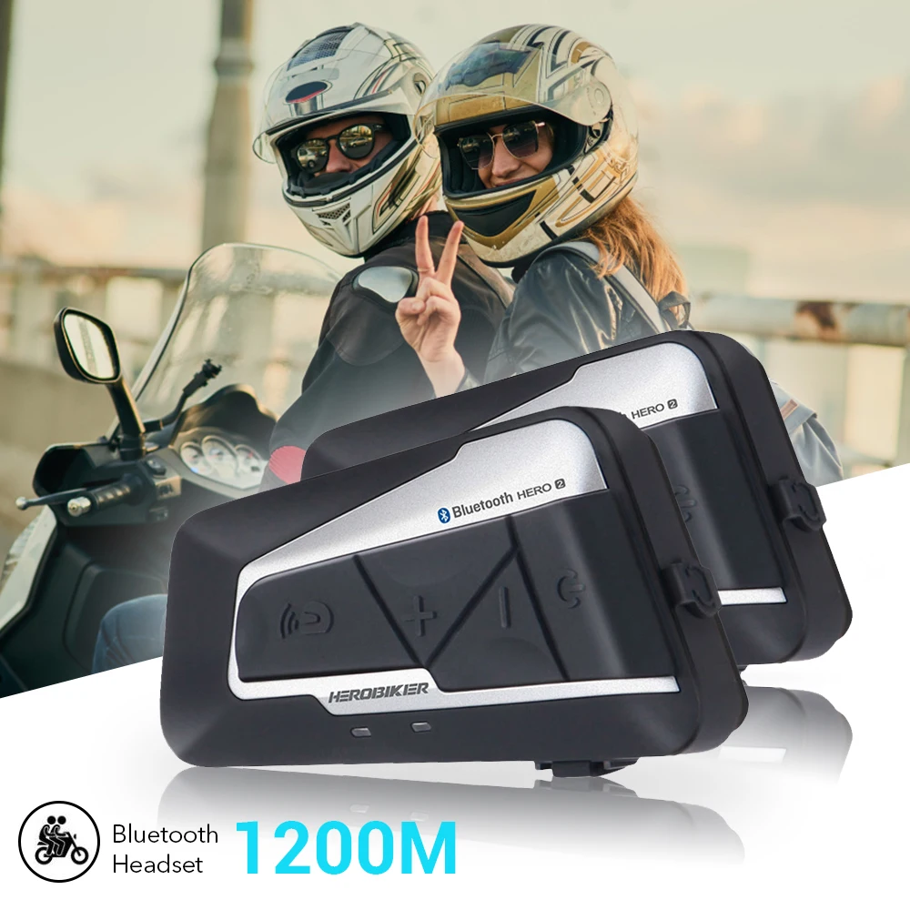 

Bluetooth-гарнитура HEROBIKER мотоциклетная водонепроницаемая, 2 комплекта, 1200 м, FM-радио