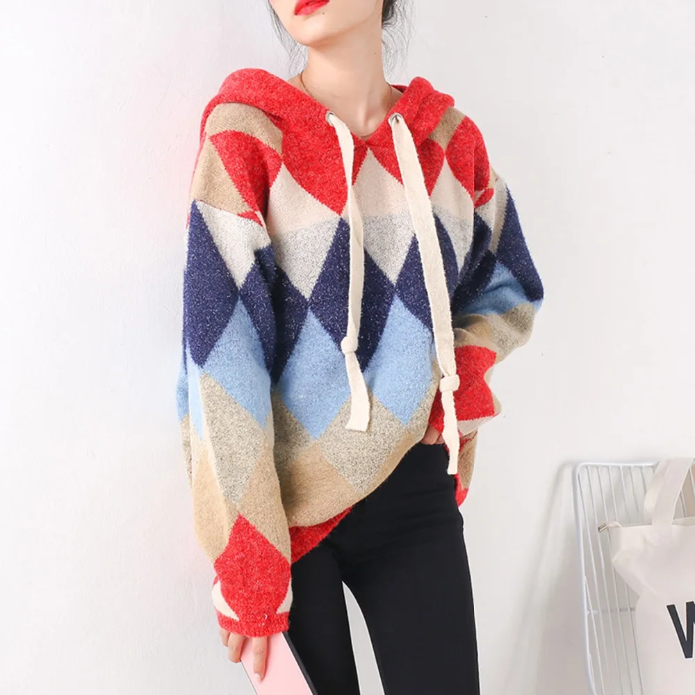 MS- Retro hit color pattern women's hooded pullover sweater autumn winter 2018 mori girl | Женская одежда