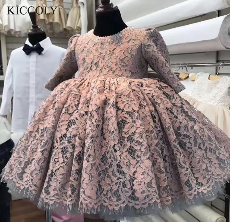 Одежда для младенцев кружевное платье с бантом и бусинами крещения