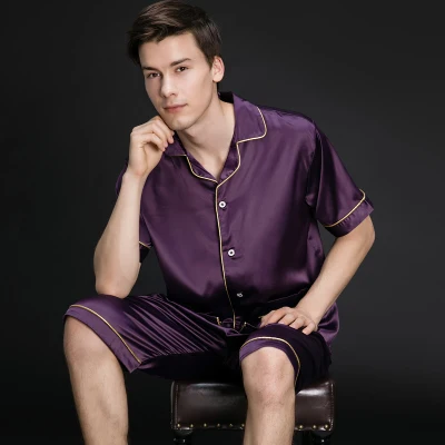 Purple Новые летние Мужская пижама набор сексуальные пижамы мужские с коротким рукавом шорты пижамы Модные мужские домашние наборы - Цвет: Purple